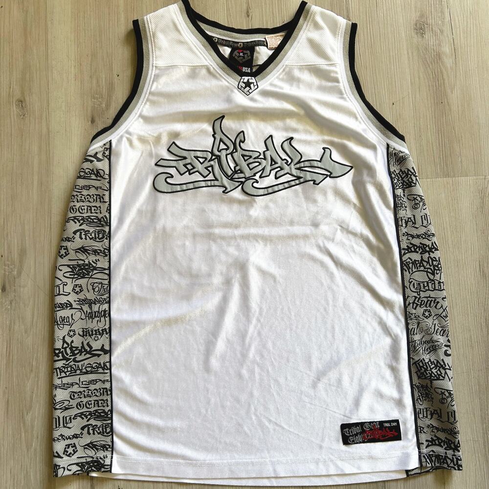 VTG Tribal Gear XL Basketball Jersey Embroidered Graffiti Logo Dazzle Silky Y2K